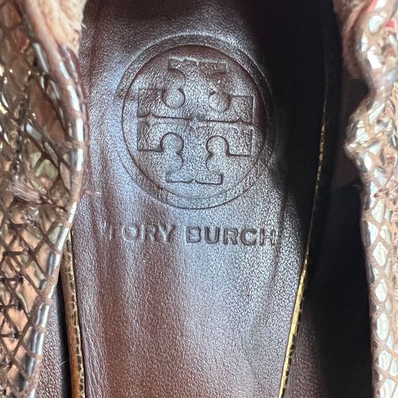 Tory Burch Gold Snakeskin Embossed Leather Reva Logo Ballerina Flats Sz 7(M) - Picture 9 of 14